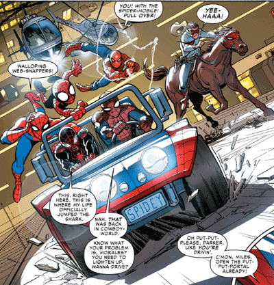 A cartoonish collection of Spider-Cronies.