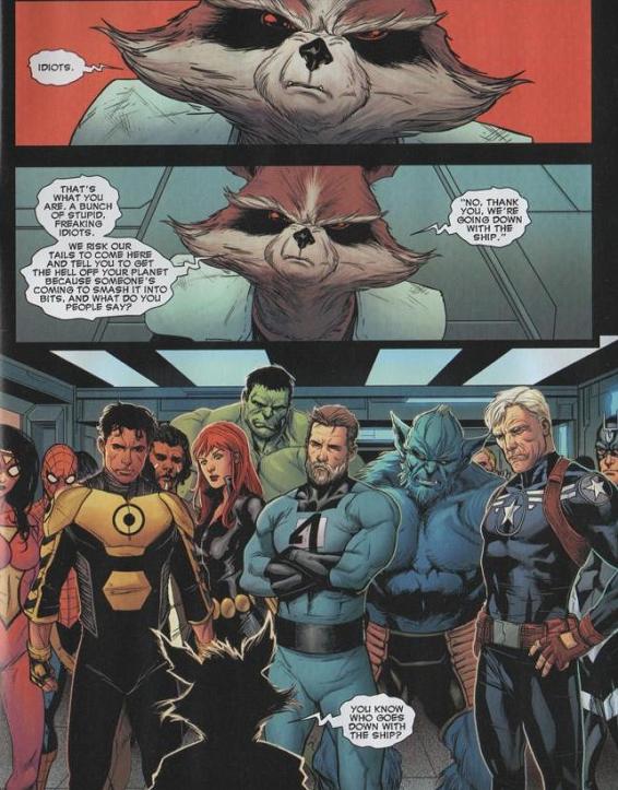 Heroes standing up as raccoon delivers snarky speech? Check.