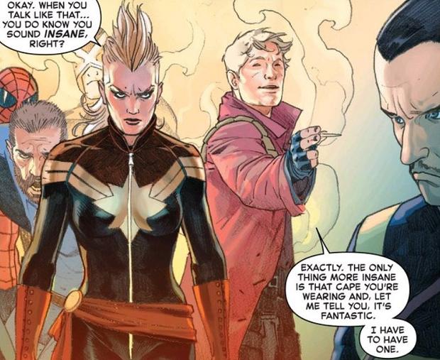Hard to tell through the mask but Spidey is shooting Quill some severe daggers for stealing all the good quips...