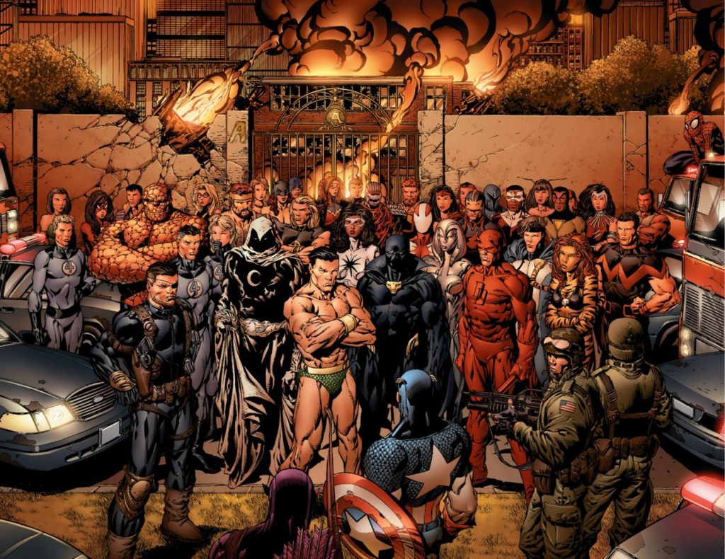 Marvel heroes gather outside Avengers mansion