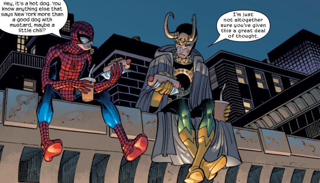 Loki and Spider-Man eat hot dogs