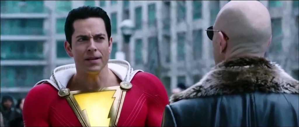 Zachary Levi, as Shazam, meets his archnemesis played by Mark Strong