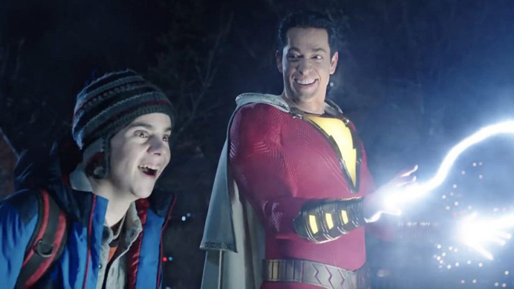 Shazam and Freddy Freeman test lightning powers in the DC movie