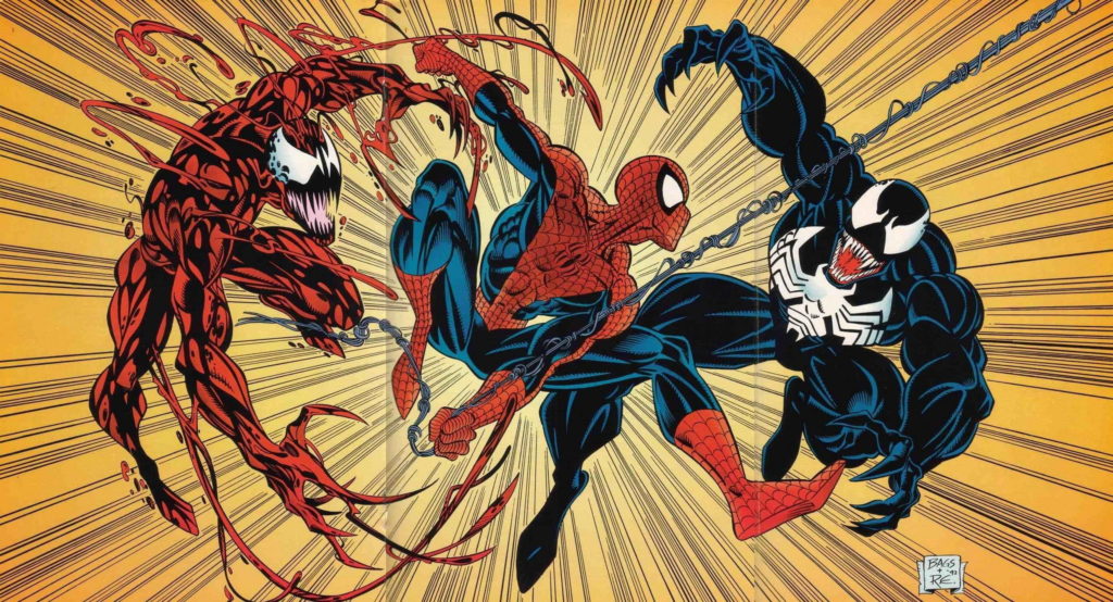 Spider-Man fights Venom and Carnage with art by Mark Bagley