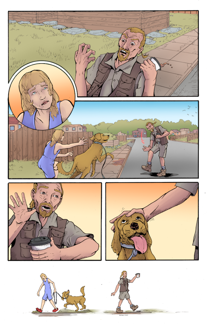 A comic page of a person and a dog Description automatically generated